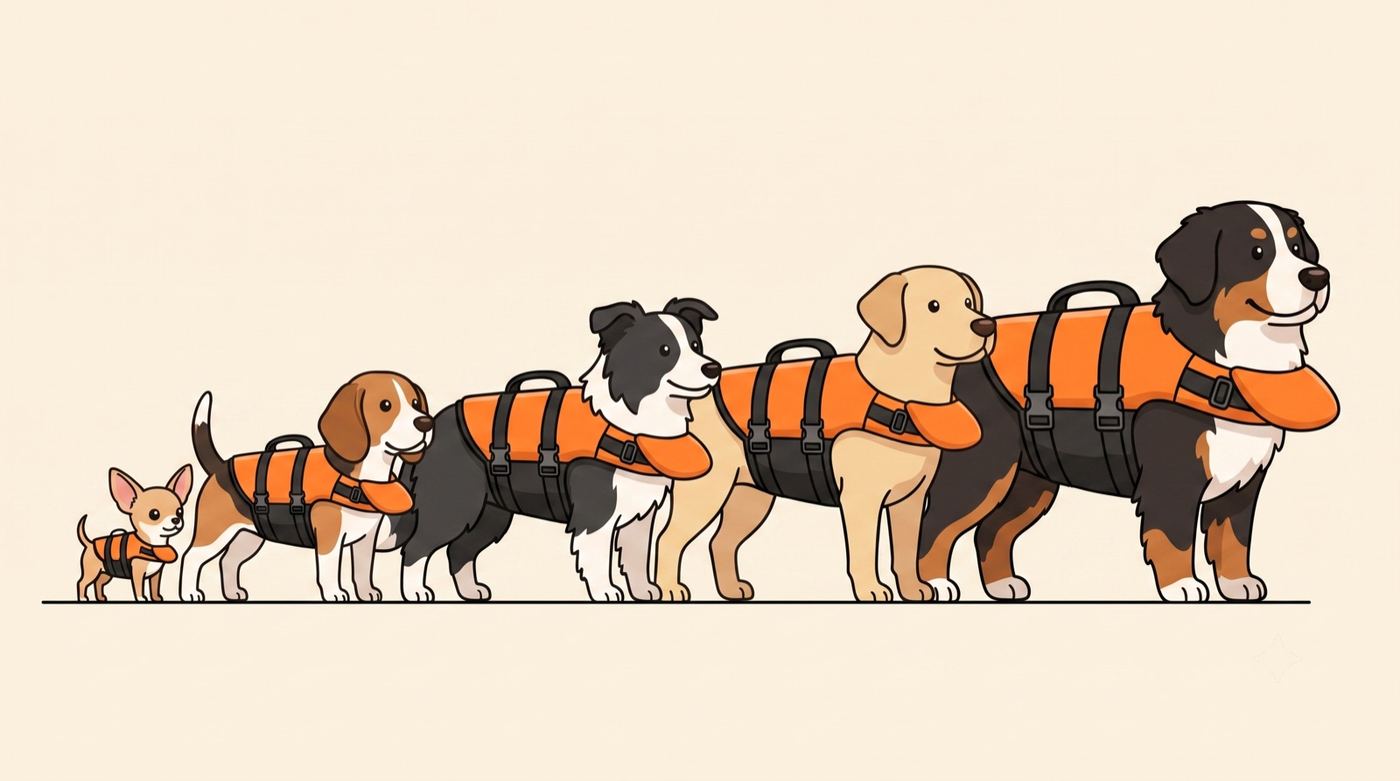 Five dogs from extra small to extra large wearing orange Floaty Paw vests