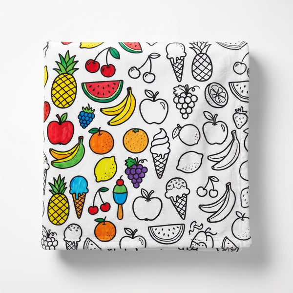 Hush Doodle color-your-own fleece blanket, Fruit design, partly colored in
