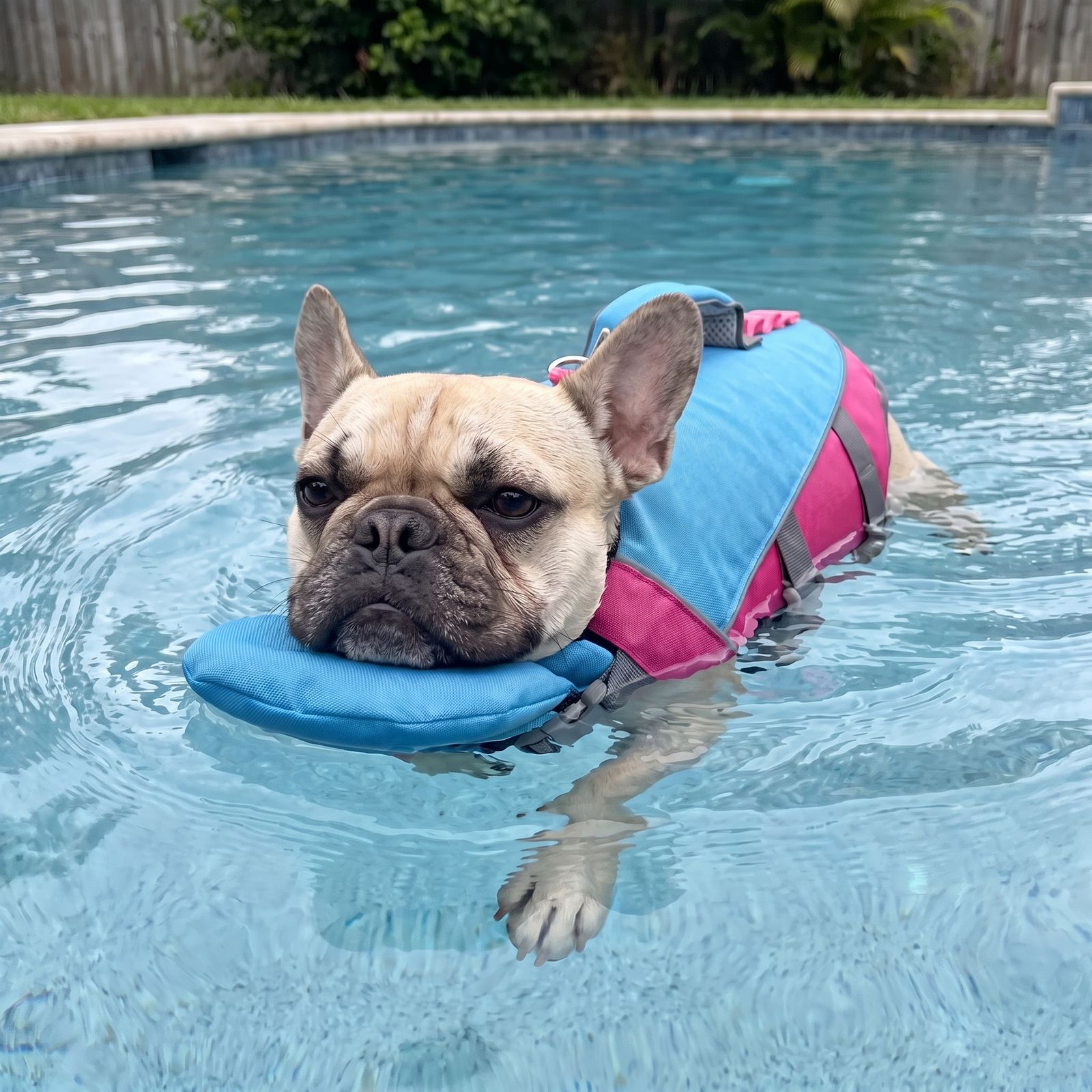 Frenchie resting chin on pad