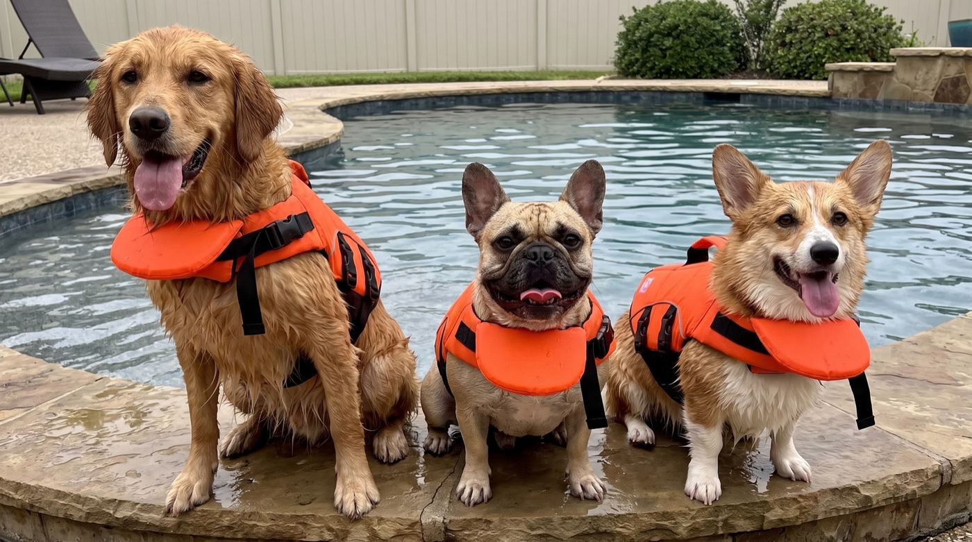 Three wet dogs in orange Floaty Paw vests poolside